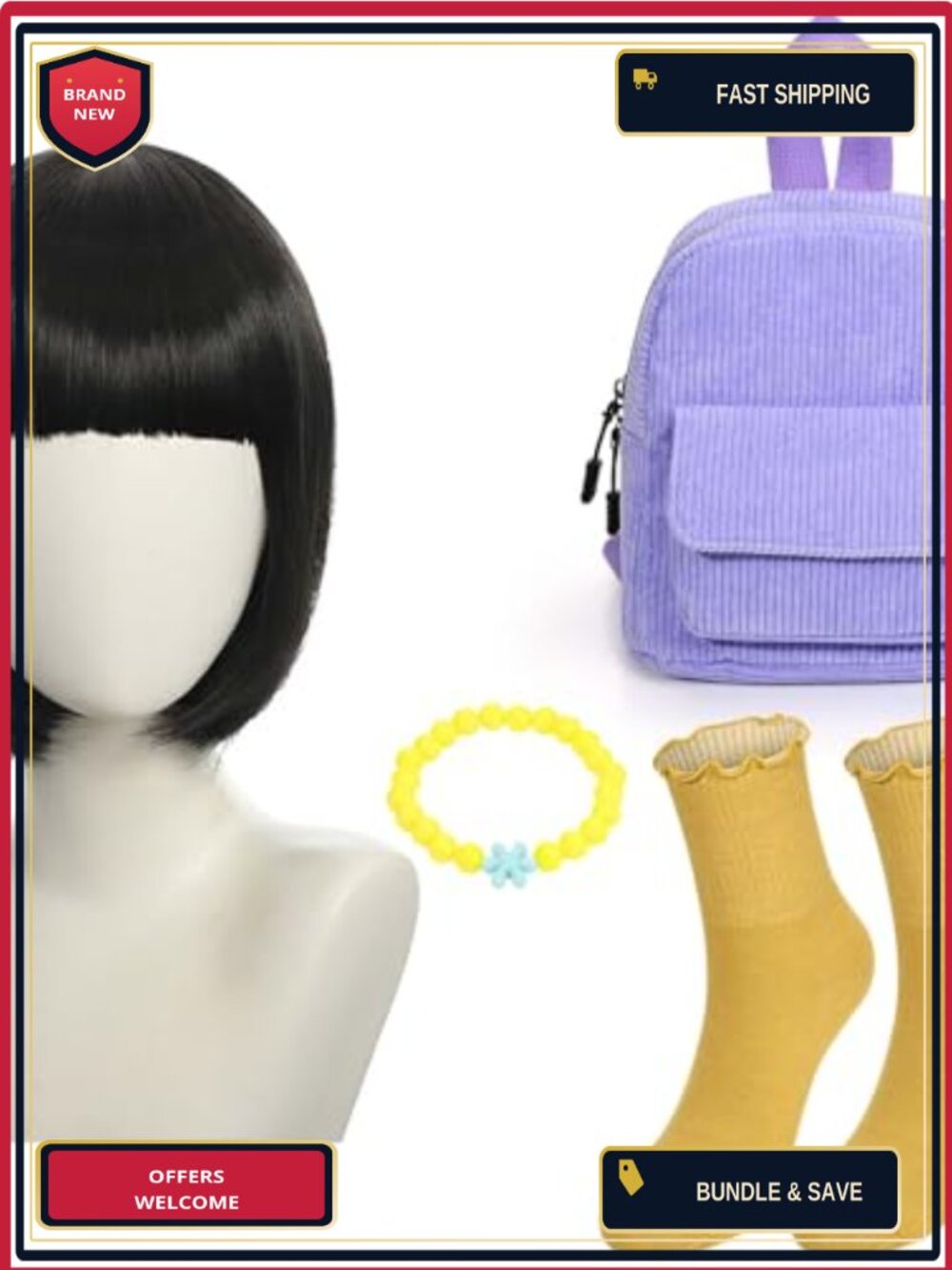 Halloween Cosplay Accessory Set Bob Wig Ruffle Socks Bracelet Mini Backpack